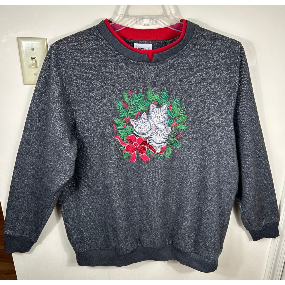 VTG 90s Bon Worth Christmas Sweatshirt Womens M Gray Cat Wreath Cozy Grannycore